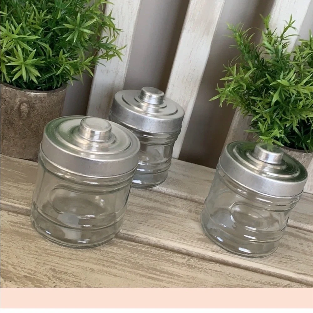 Apothecary Jar Set - Rustic Farmhouse Jar W/Metal Lids 3pcs Set ~New~